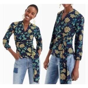 J. Crew Polished Blue & Yellow 3/4 Length Sleeve Full‎ Wrap Blouse Size Small